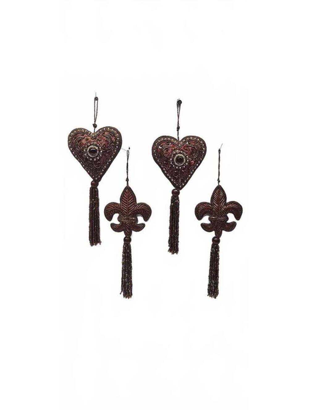 Set of 4 Vintage Style Burgundy Fabric Tassel Ornaments with Heart and Fleur-de-